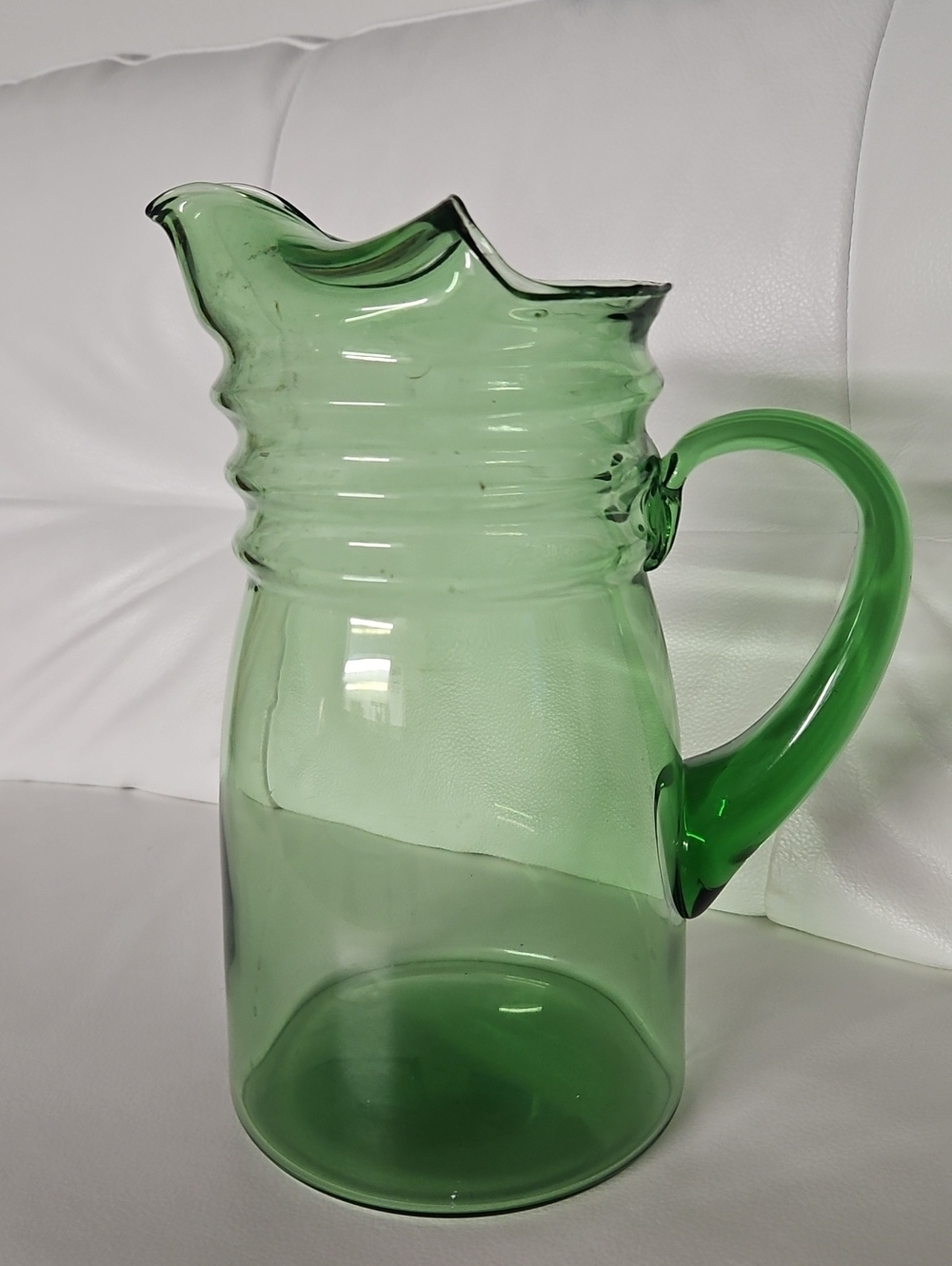 Green Glass Pitcher with Curved Handle